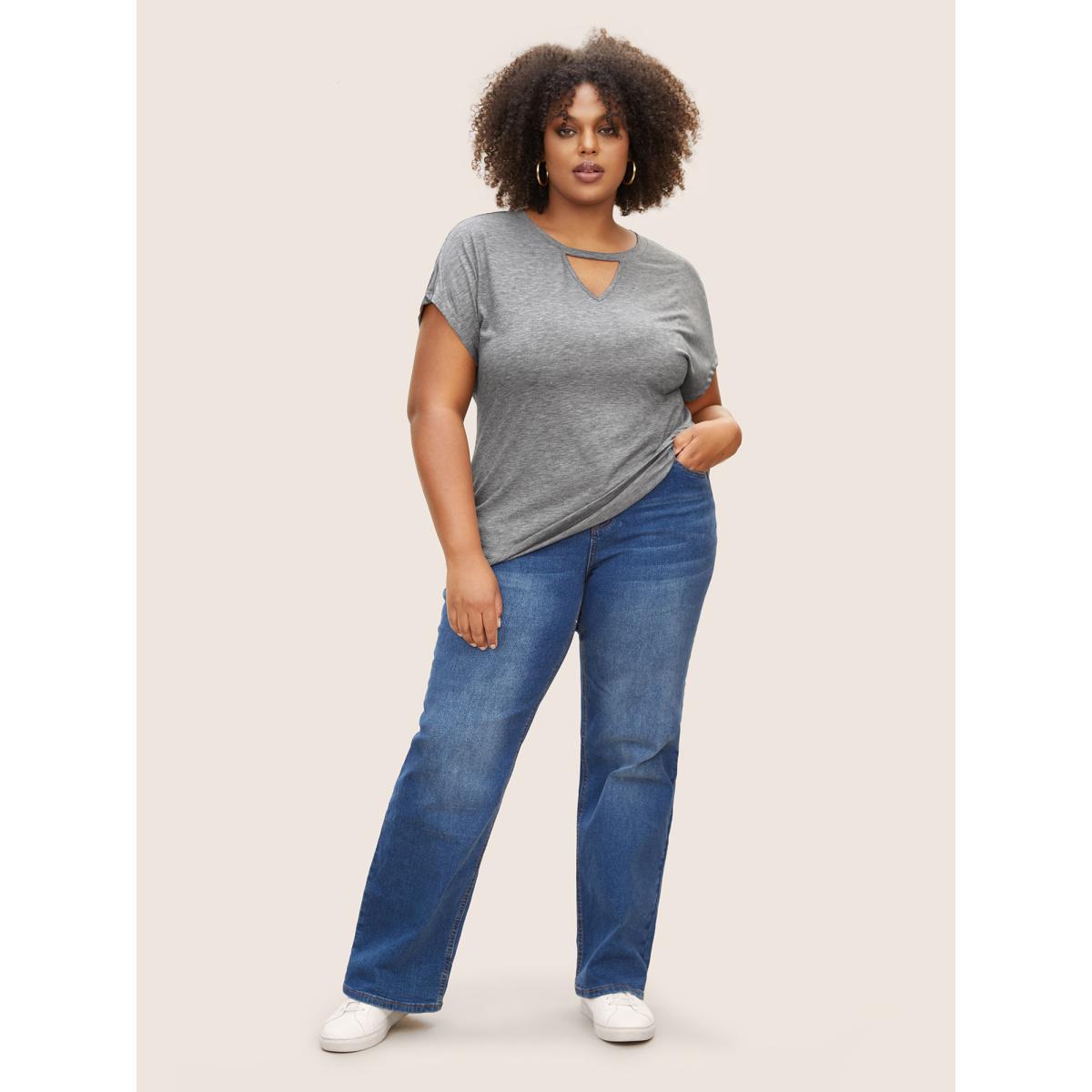 Plus Size Plain Heather Keyhole Dolman Sleeve T-shirt DarkGray Women Casual Cut-Out Round Neck Everyday T-shirts BloomChic 18-20/2X Product Image