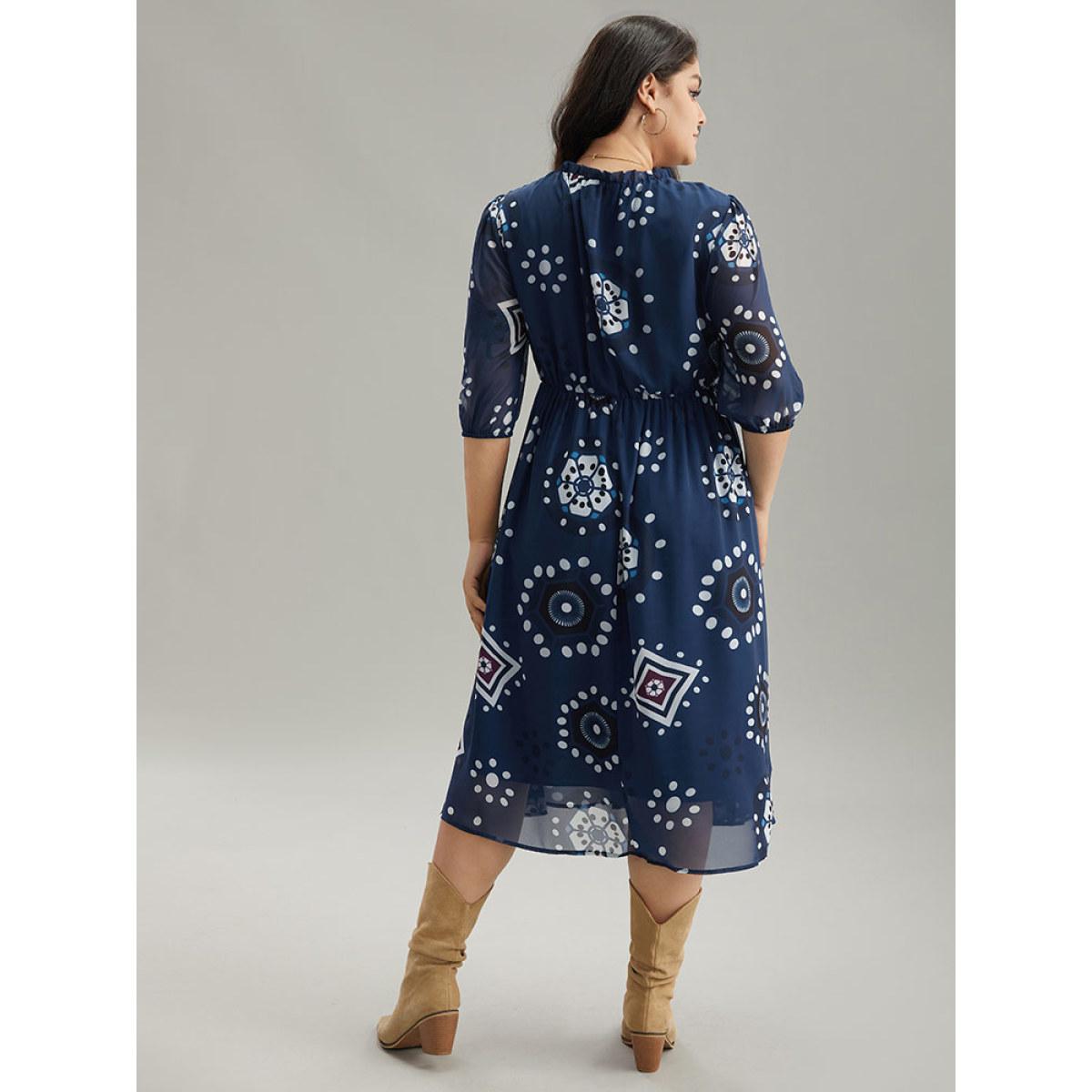 Plus Size Geometric Mesh Stand Collar Frill Trim Dress DarkBlue Women Vacation Elastic cuffs Stand-up collar Elbow-length sleeve Curvy Midi Dress BloomChic 26/4X Product Image