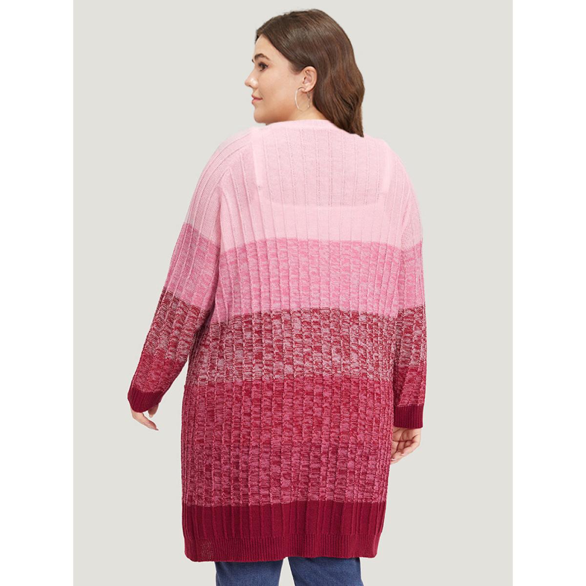 Plus Size Ombre Colorblock Patched Pocket Tunic Cardigan Watermelon Women Casual Loose Long Sleeve Dailywear Cardigans BloomChic 18-20/2X Product Image
