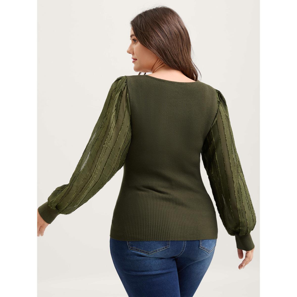 Plus Size Bodycon Fit Textured Square Neck Pullover ArmyGreen Women Romantic Bodycon Long Sleeve Square Neck Elegant Pullovers BloomChic 12/L Product Image