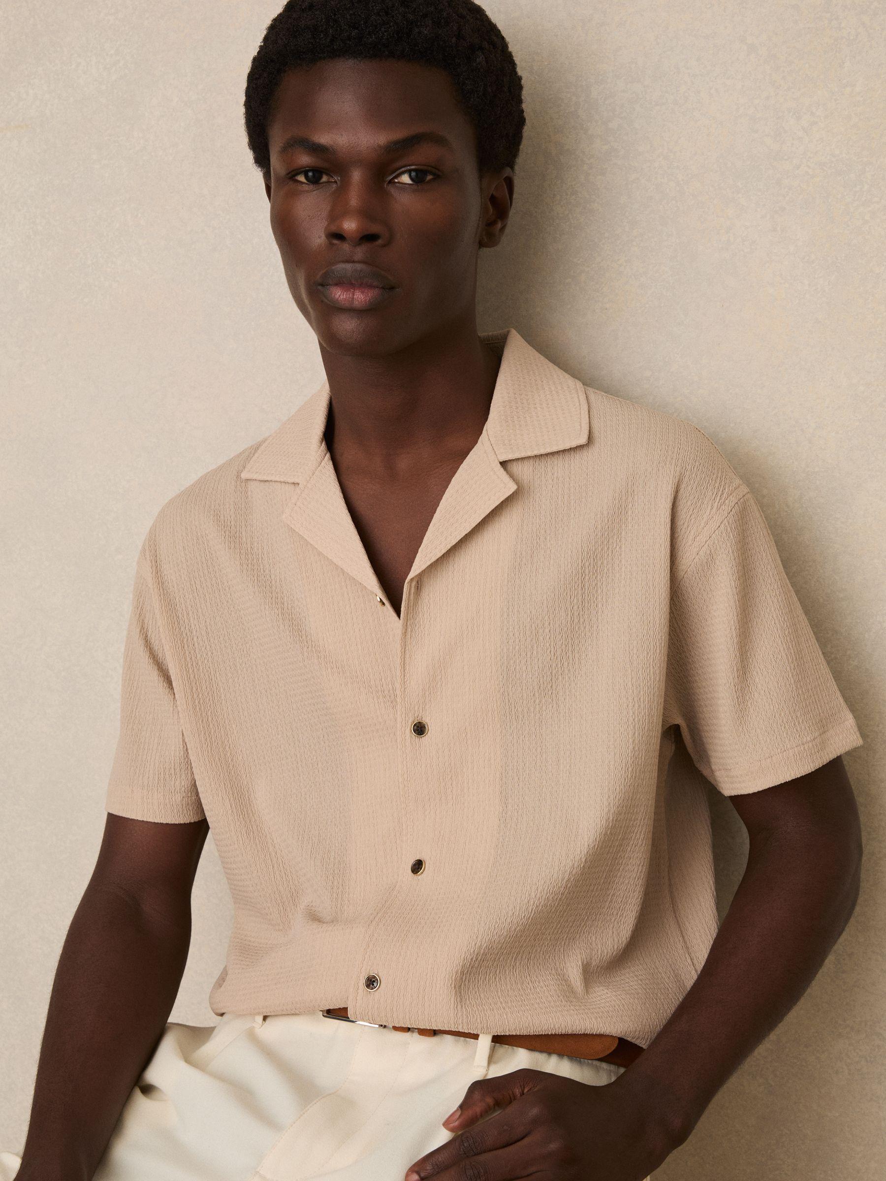 Textured Crepe Cuban Collar Shirt in Oatmeal Product Image