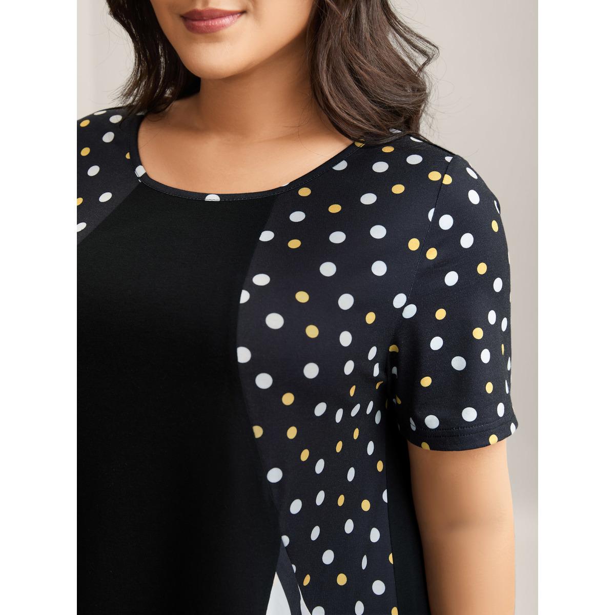 Plus Size Supersoft Stretchy Polka Dots Stripe T-Shirt Black Women Contrast Round Neck Everyday-Casual T-shirts BloomChic 30/6X Product Image