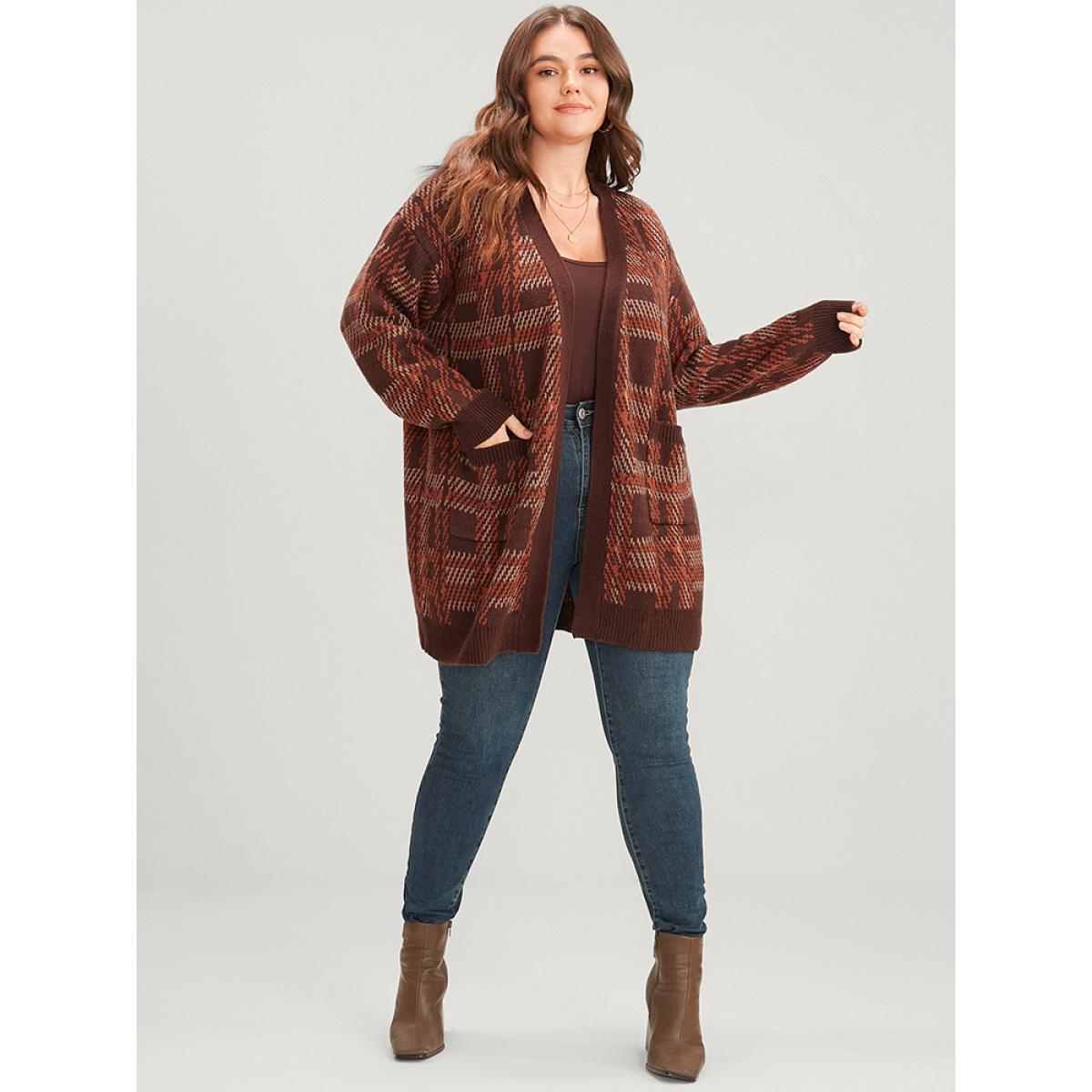 Plus Size Tartan Contrast Pointelle Knit Pocket Open Front Cardigan DarkBrown Women Casual Loose Long Sleeve Dailywear Cardigans BloomChic 12/L Product Image