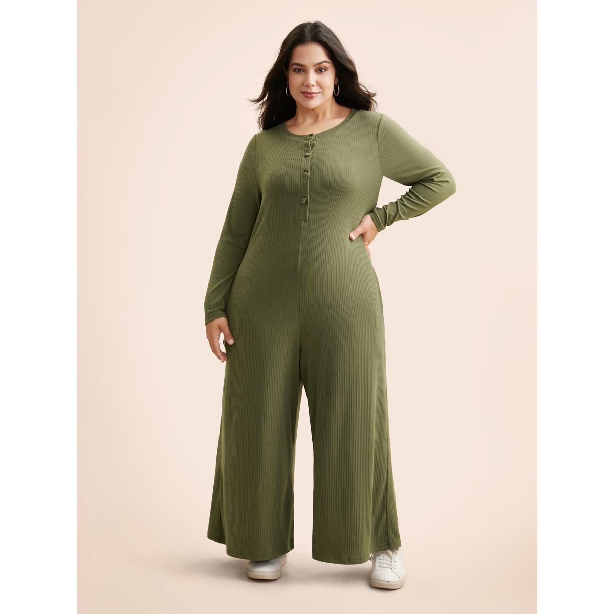 Plus Size ArmyGreen Supersoft Essentials Front Placket Onesie Women Casual Long Sleeve Round Neck Everyday Loose Jumpsuits BloomChic 14-16/1X Product Image