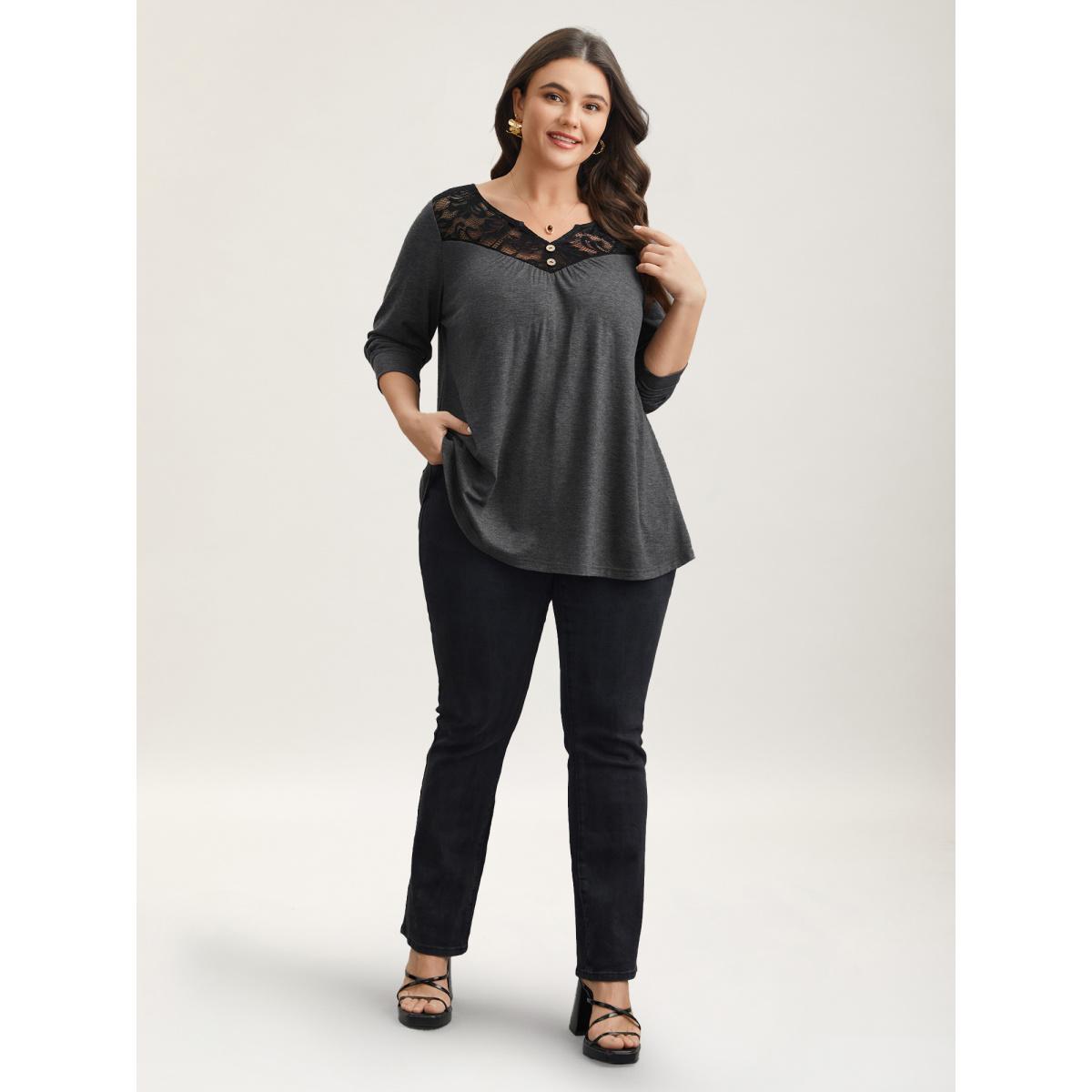 Plus Size Lace Neck Buttons Pleated T-Shirt DimGray Women Elegant Gathered Notched collar Everyday T-shirts BloomChic 18-20/2X Product Image