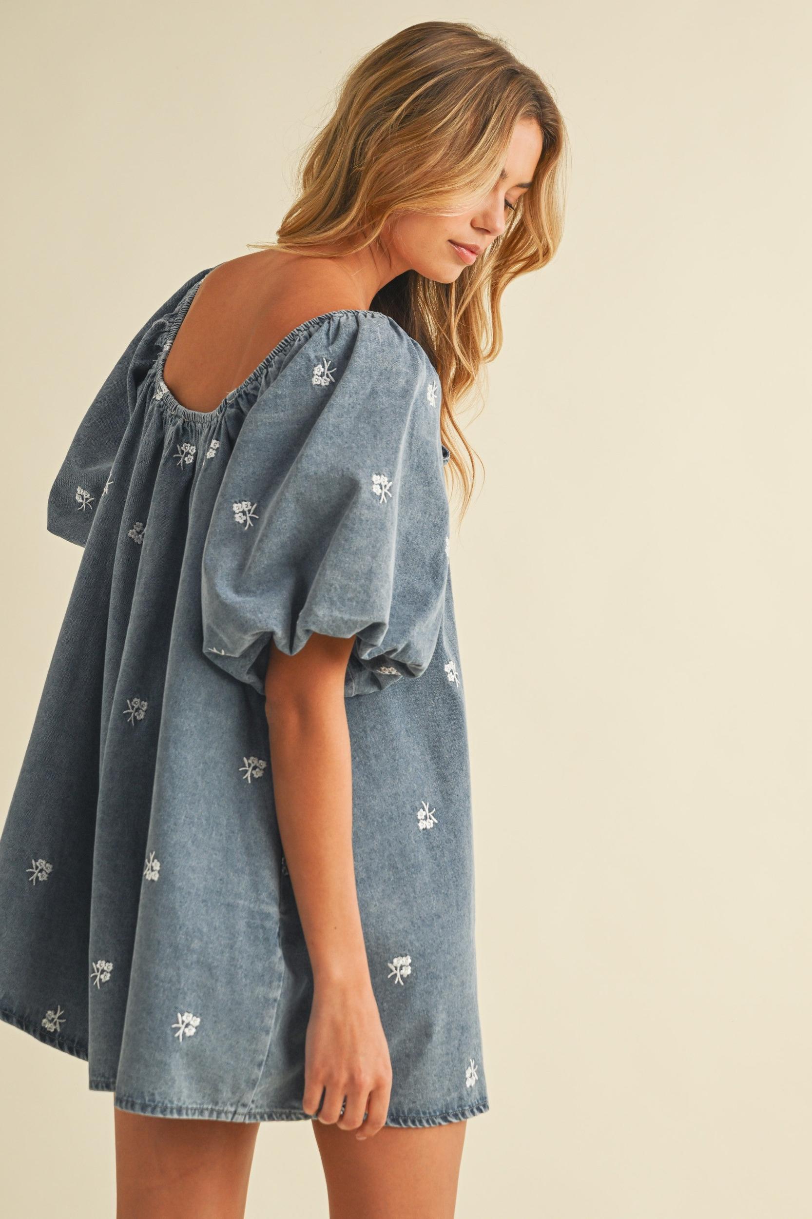 Embroidered Denim Puff Sleeve Romper Product Image