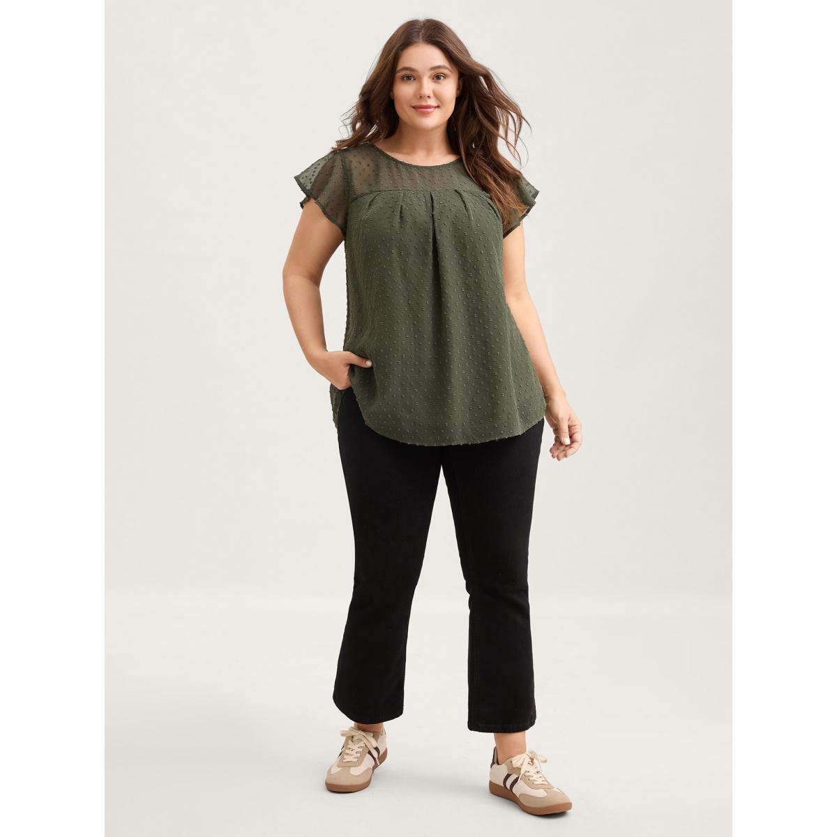 Plus Size ArmyGreen Textured Bust-Ease Ruffled Sleeve Blouse Women Leisure Short sleeve Round Neck Casual Blouses BloomChic 28/5X Product Image