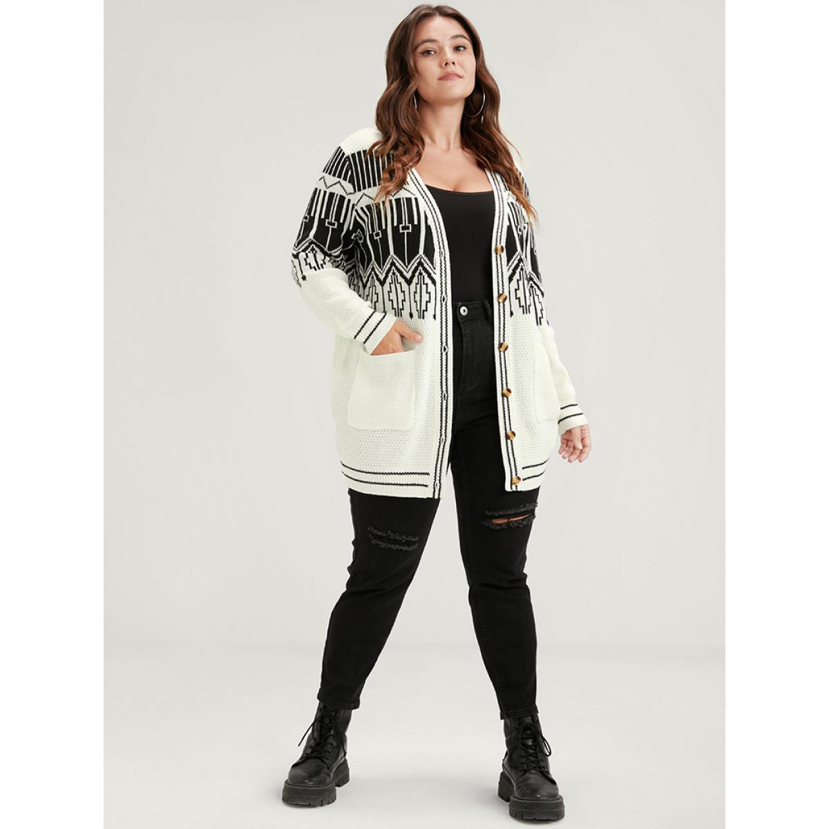 Plus Size Geometric Knitted Jacquard Contrast Pocket Button Front Cardigan White Women Elegant Loose Long Sleeve Dailywear Cardigans BloomChic 14-16/1X Product Image