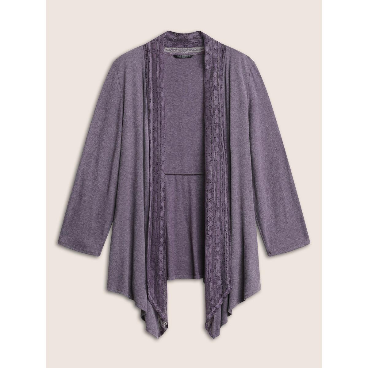 Plus Size Lace Panel Roll Tab Sleeve Open Front Kimono Women Mauve Elegant Woven ribbon&lace trim Everyday Kimonos BloomChic 10/M Product Image