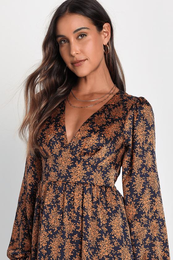 Graceful Impression Black and Orange Floral Print Midi Dress Product Image