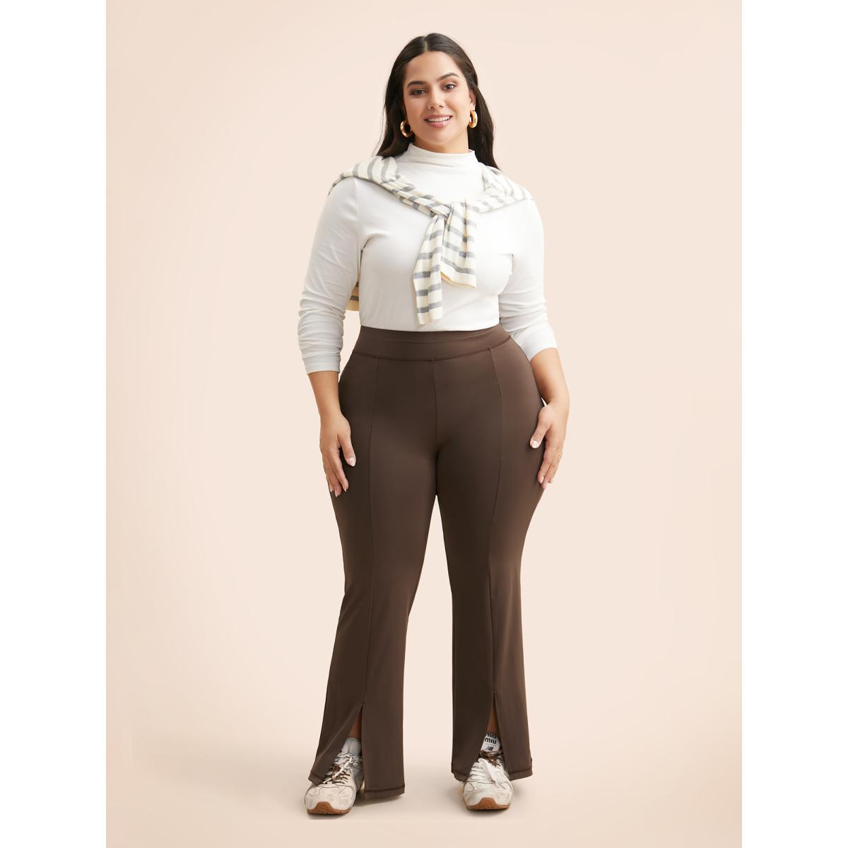 Plus Size High Stretch Split Hem Bootcut Leggings Women DarkBrown Casual High stretch Bootcut Mid Rise Everyday Leggings BloomChic 12/L Product Image