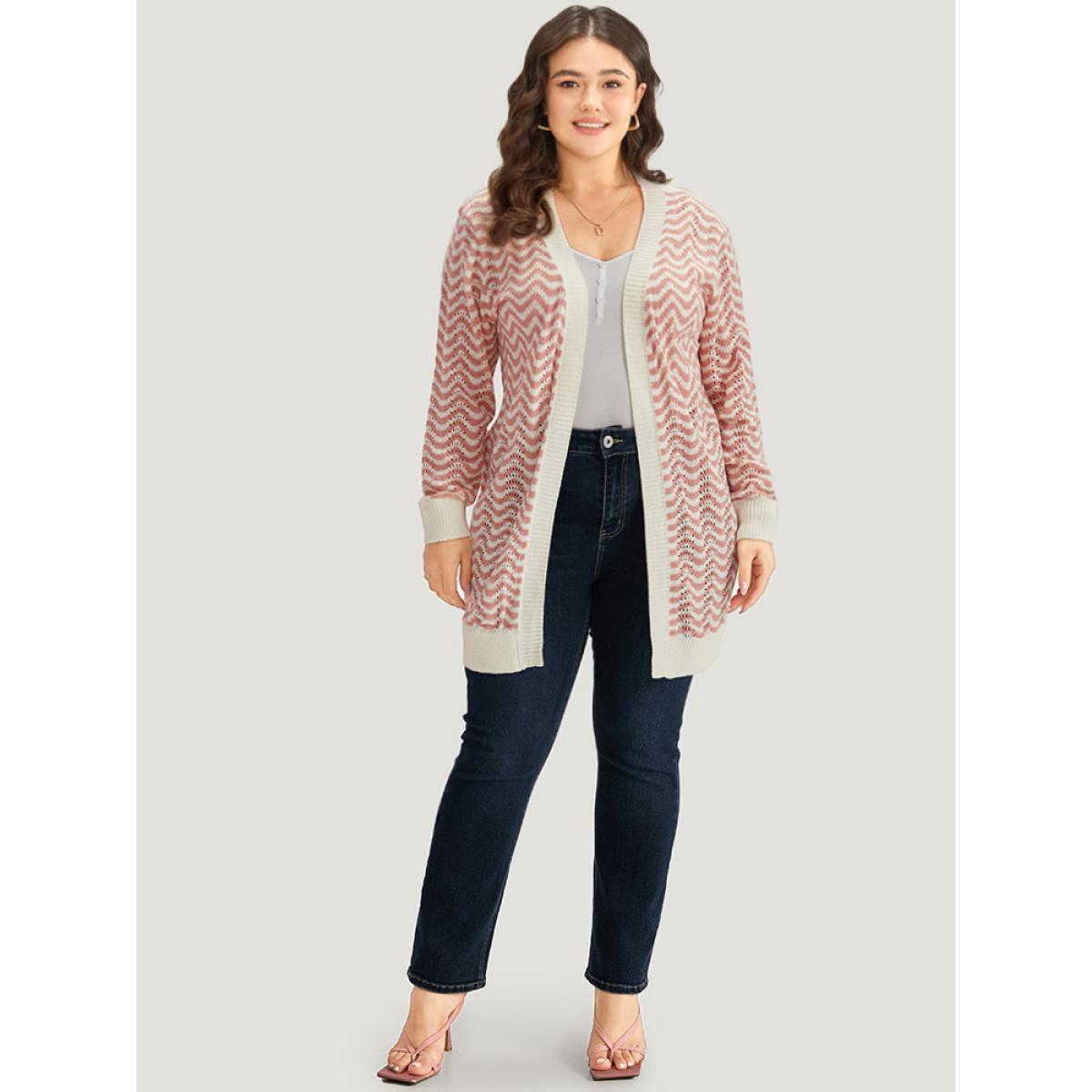 Plus Size Water Ripple Open Front Tunic Cardigan Pink Women Casual Loose Long Sleeve Dailywear Cardigans BloomChic 22-24/3X Product Image