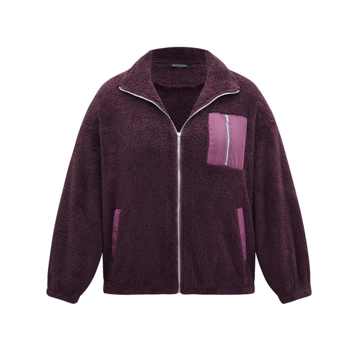 Plus Size Contrast Zipper Pocket Teddy Jacket Women Purple Elastic cuffs Pocket Dailywear Jackets BloomChic 14-16/1X Product Image