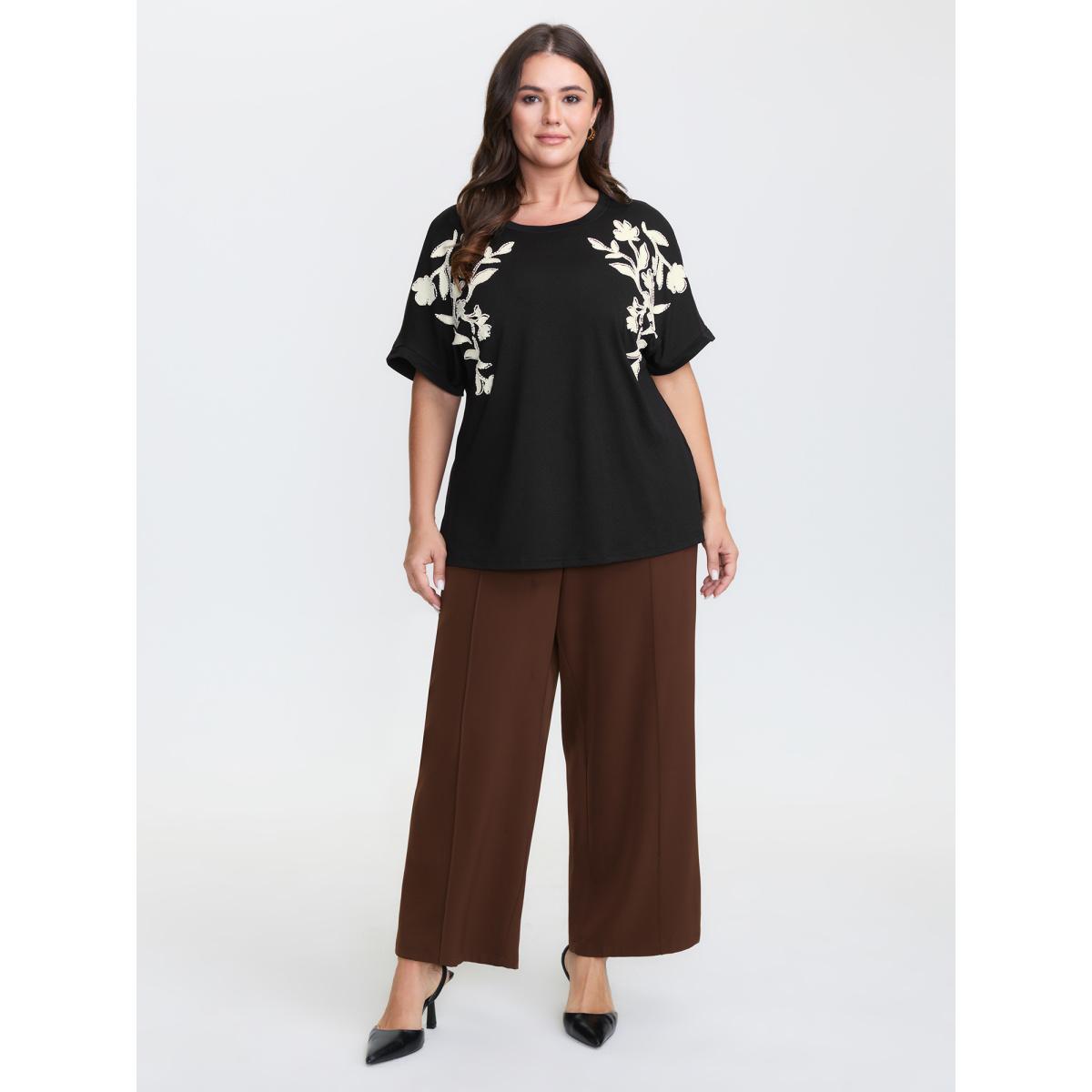 Plus Size Supersoft Floral Embroidered Round Neck T-Shirt Black Women Timeless Round Neck Elegant T-shirts BloomChic 28/5X Product Image