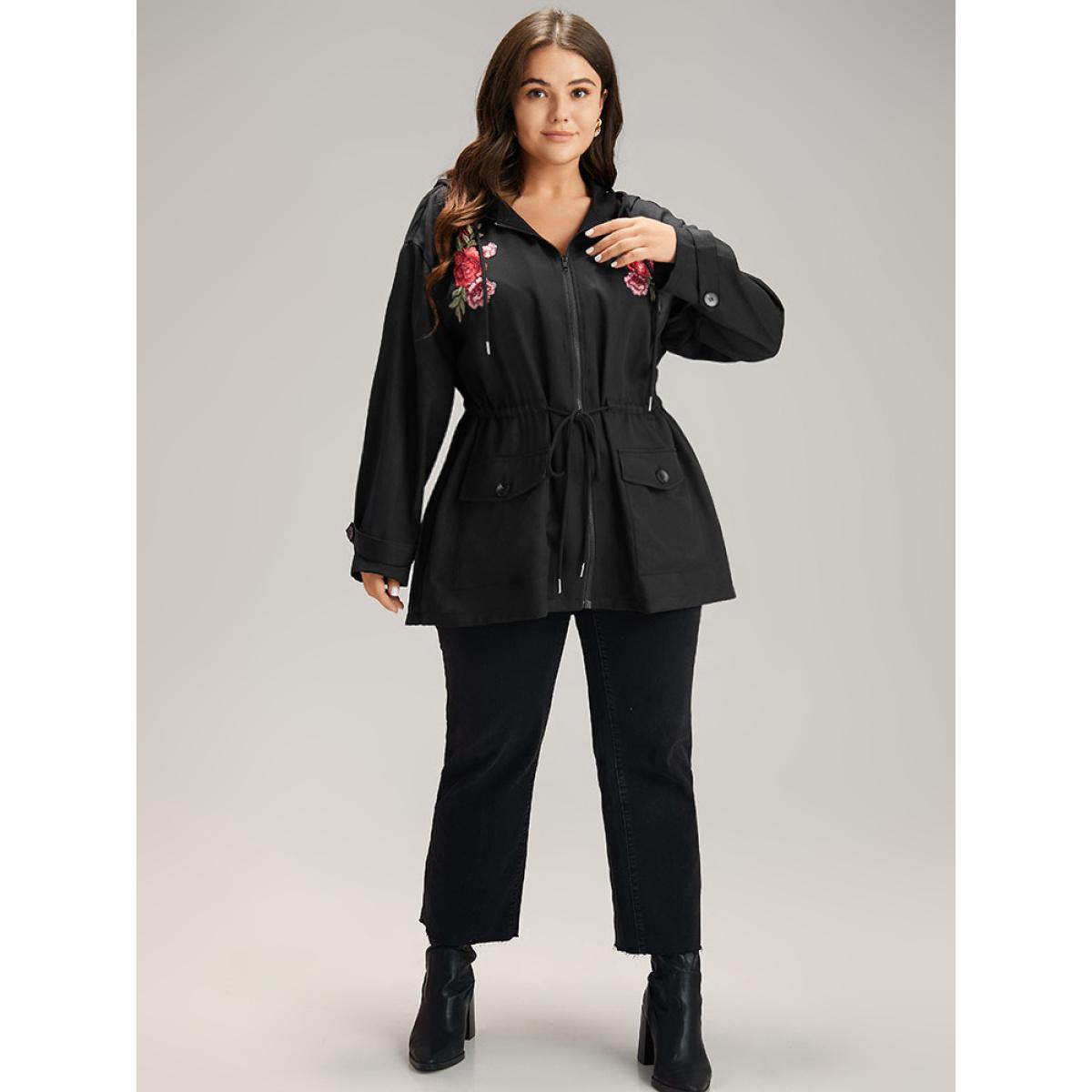 Plus Size Floral Embroidered Elastic Waist Hooded Drawstring Coat Women Black Zipper Pocket Dailywear Jackets BloomChic 12/L Product Image