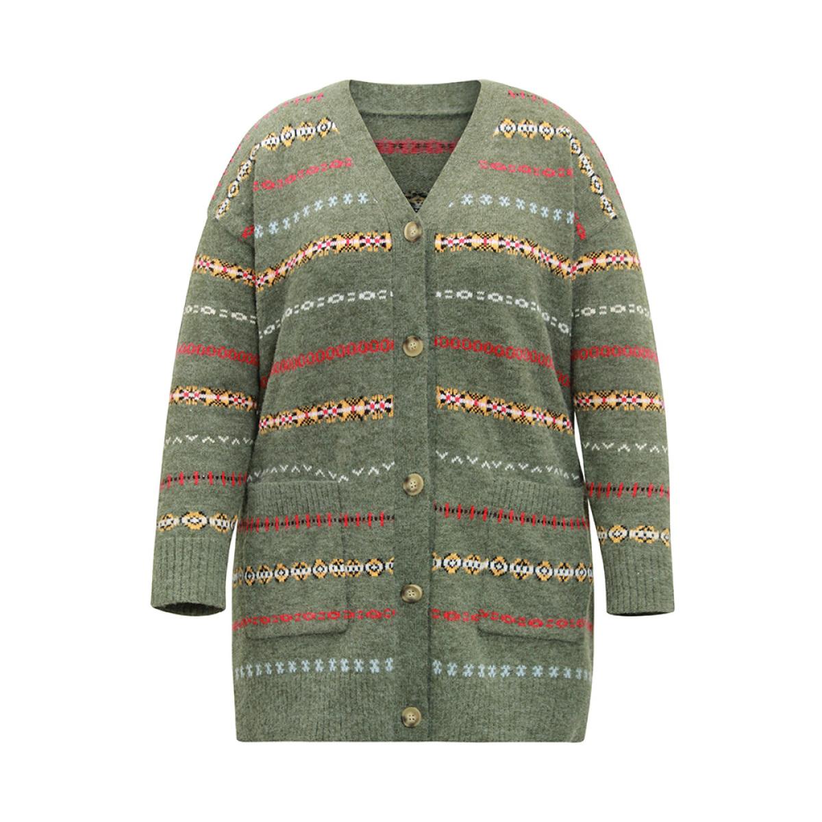 Plus Size Anti-Pilling Contrast Striped Button Up Cardigan ArmyGreen Women Casual Loose Long Sleeve Dailywear Cardigans BloomChic 30/6X Product Image