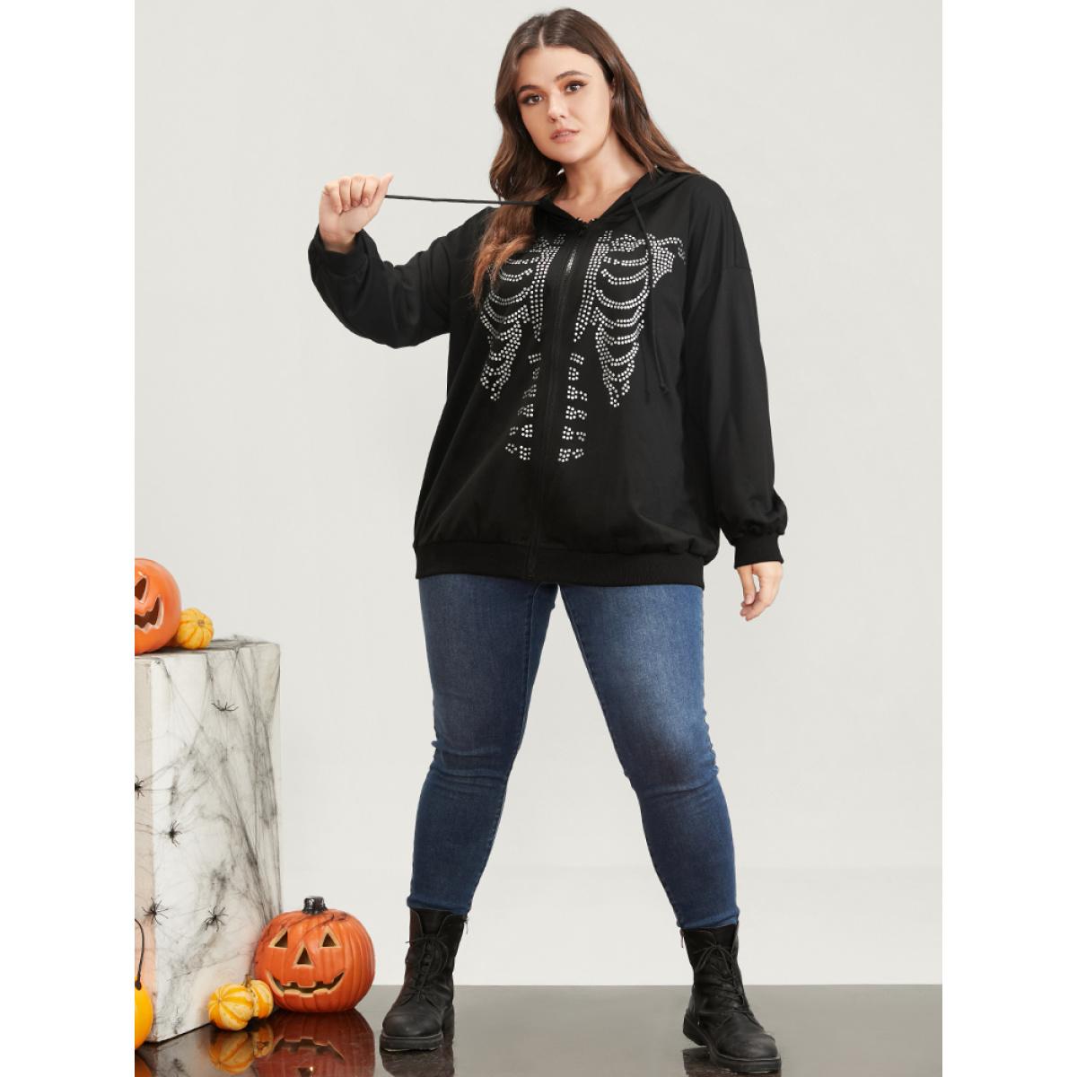 Plus Size Halloween Skeleton Print Zip Up Drawstring Hooded Sweatshirt Women Black Casual Printed Hooded Dailywear Sweatshirts BloomChic 10/M Product Image