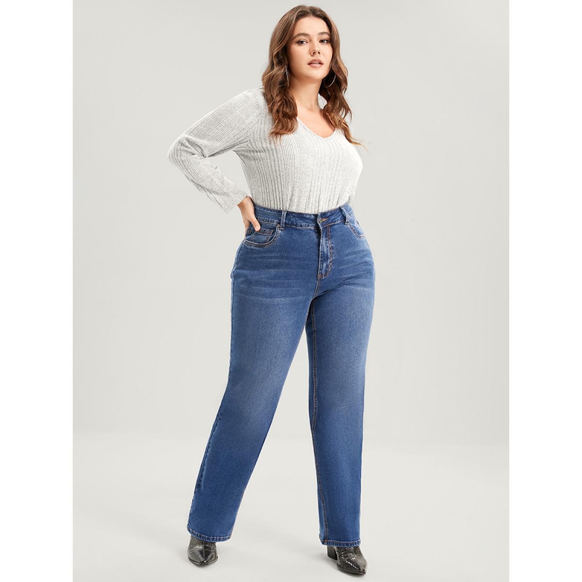 Plus Size Straight Moderately Stretchy High Rise Dark Wash Sculpt Waist Jeans Women DarkBlue Casual Plain Medium stretch Pocket Jeans BloomChic 22/3X Product Image