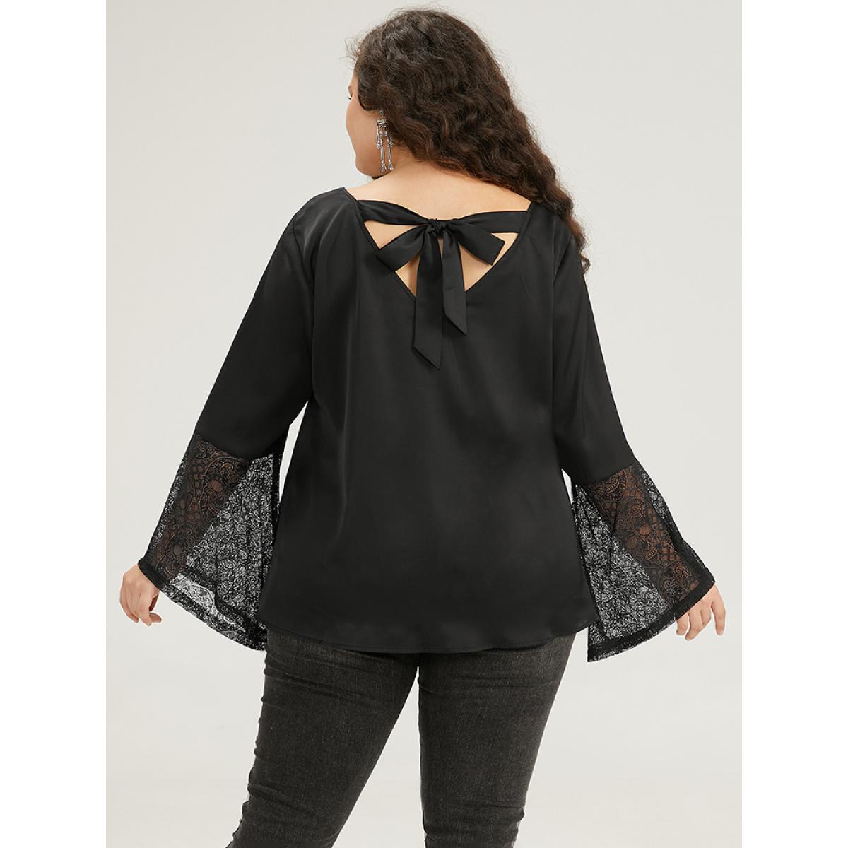 Plus Size Black Halloween Lace Patchwork Ties Bell Sleeve Blouse Women Elegant Long Sleeve V-neck Festival-Halloween Blouses BloomChic 22-24/3X Product Image
