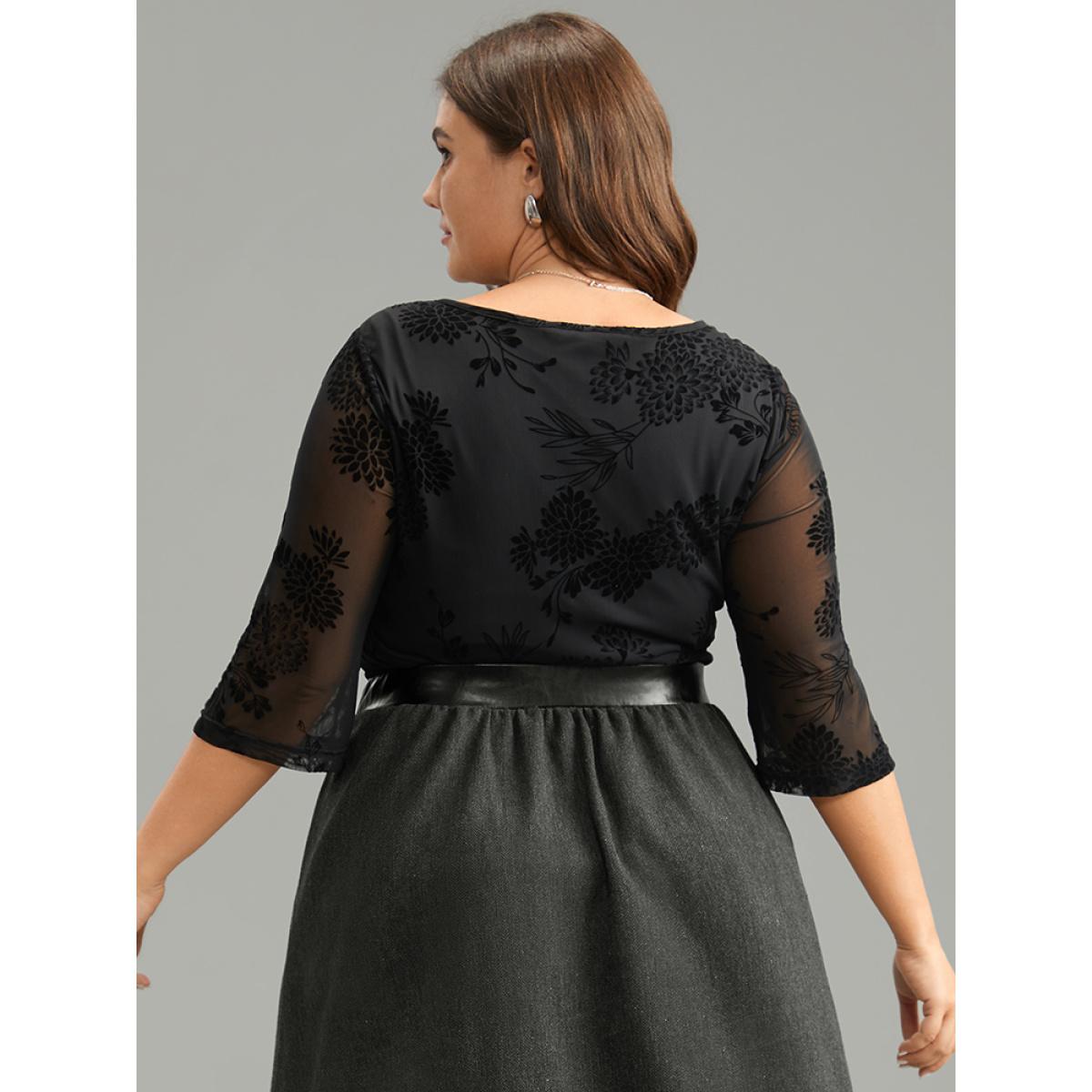 Plus Size Black Flocking Round Neck Crochet Lace Mesh T-shirt Women Office Elbow-length sleeve Round Neck Work Blouses BloomChic 18-20/2X Product Image