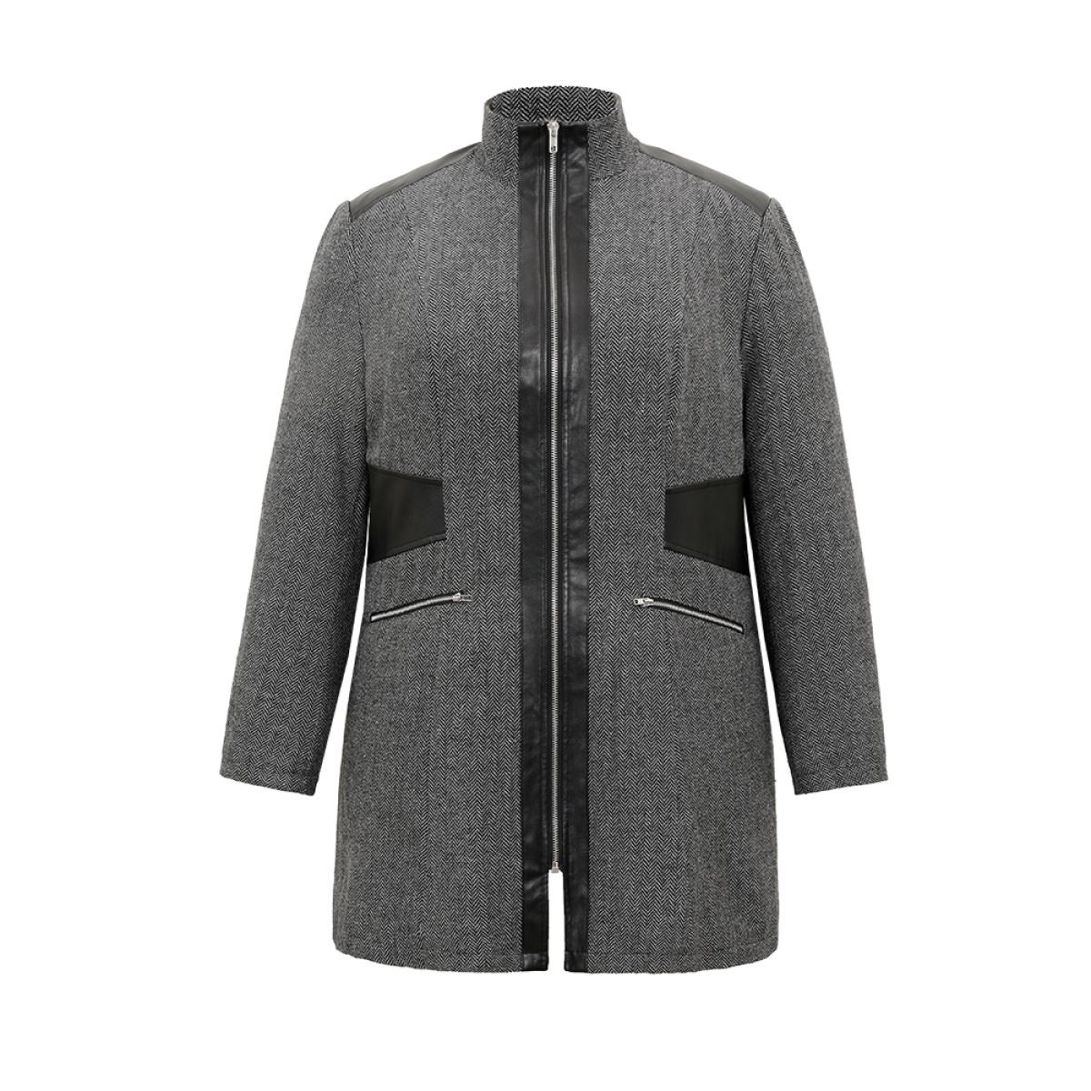 Plus Size Padded Patchwork PU Leather Zipper Coat Women Black Casual Texture Ladies Dailywear Winter Coats BloomChic 26/4X Product Image