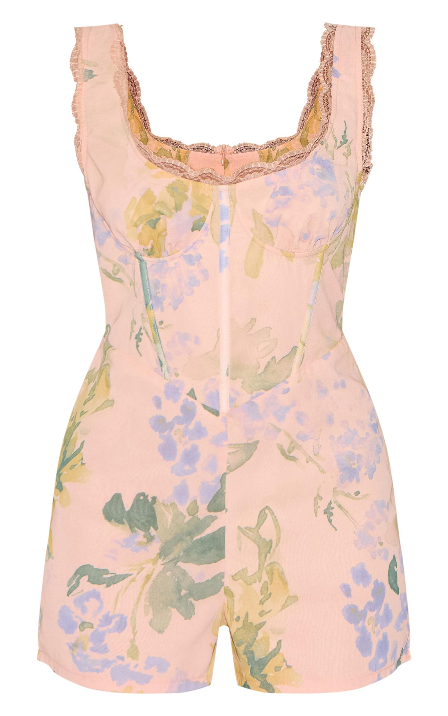 Pink Floral Printed Chiffon Corset Detail Romper Product Image