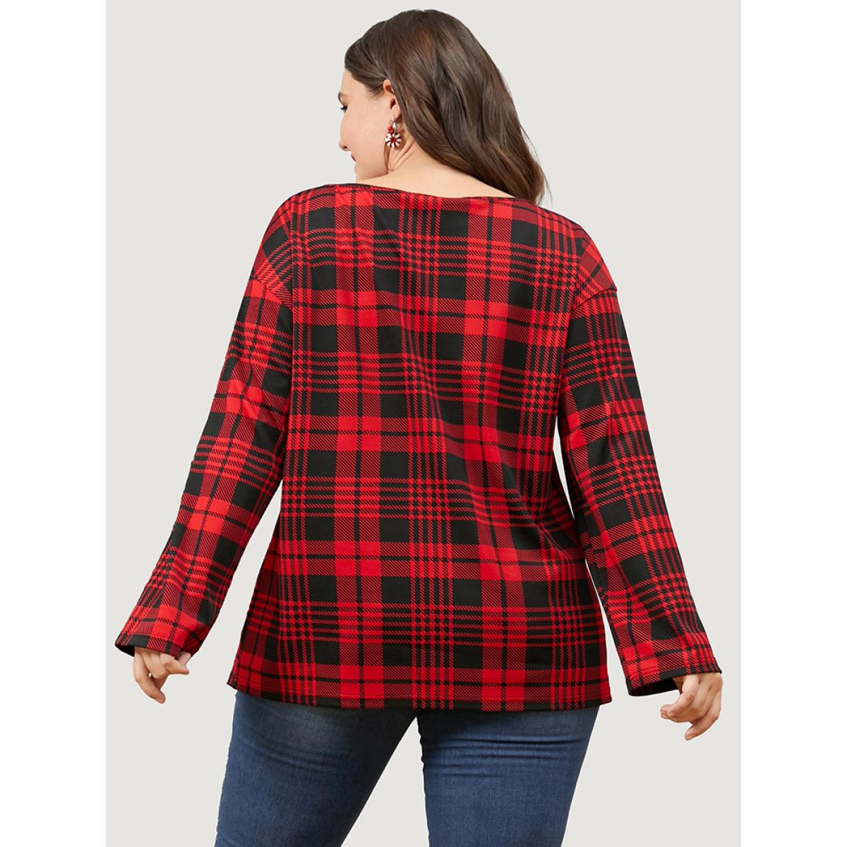 Plus Size Plaid Round Neck Bell Sleeve Sweatshirt Women Scarlet Elegant Round Neck Dailywear Sweatshirts BloomChic 12/L Product Image