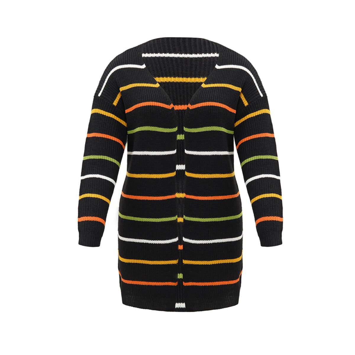 Plus Size Contrast Striped Open Front Loose Cardigan Black Women Casual Loose Long Sleeve Dailywear Cardigans BloomChic 18-20/2X Product Image
