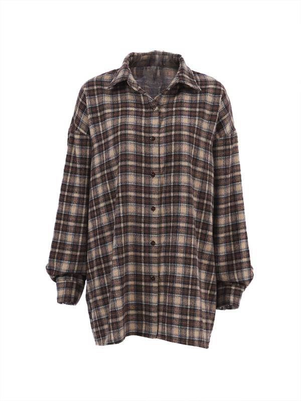 Vintage Plaid Print Long Sleeve Blouse Product Image