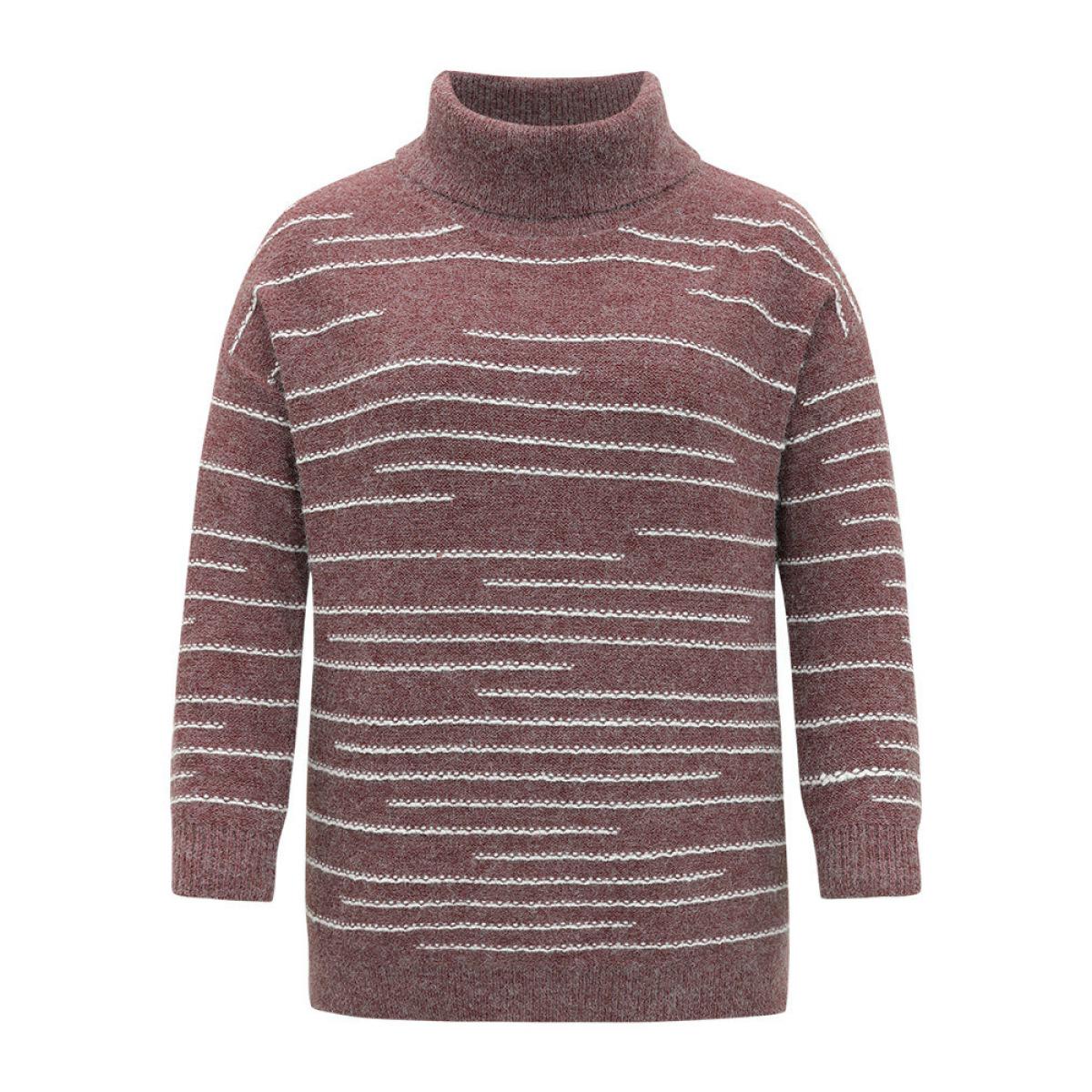Plus Size Striped Heather Turtleneck Split Hem Pullover Burgundy Women Casual Loose Long Sleeve Turtleneck Everyday Pullovers BloomChic 12/L Product Image