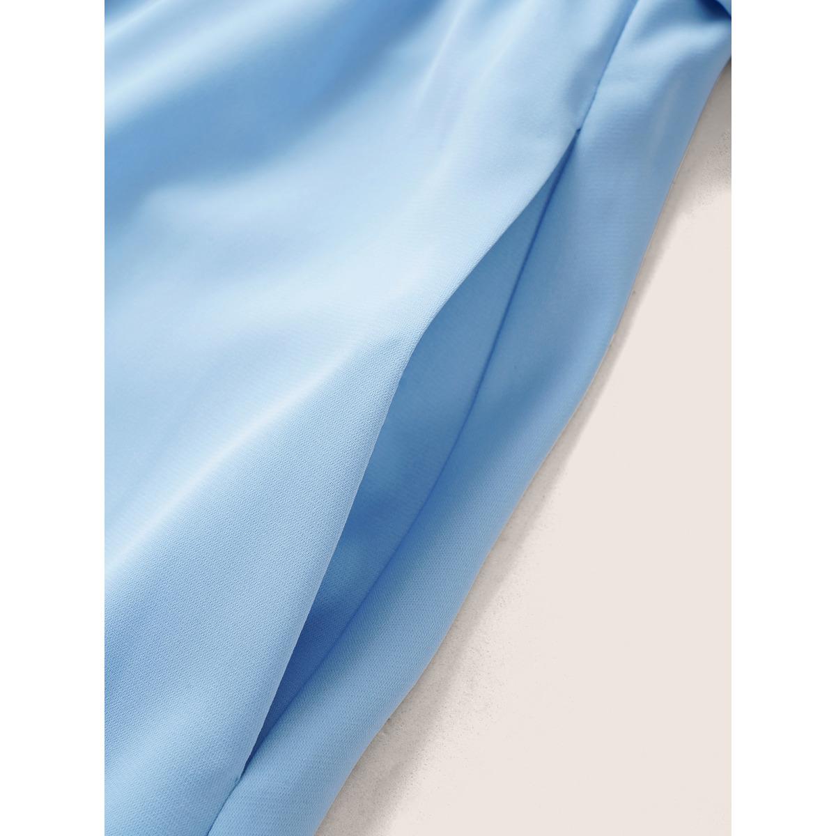 Plus Size Suit Collar Plain Button Up Dress LightBlue Women At the Office Belted Suit Collar Short sleeve Curvy BloomChic 26/4X Product Image