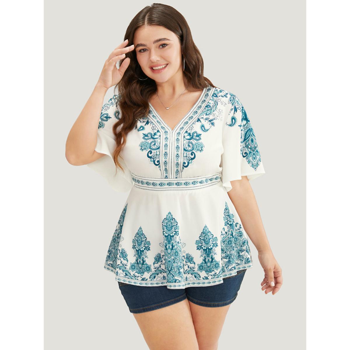 Plus Size Cerulean Bandana Print Ruffles Elastic Waist Blouse Women Vacation Short sleeve V-neck Dailywear Blouses BloomChic 22-24/3X Product Image