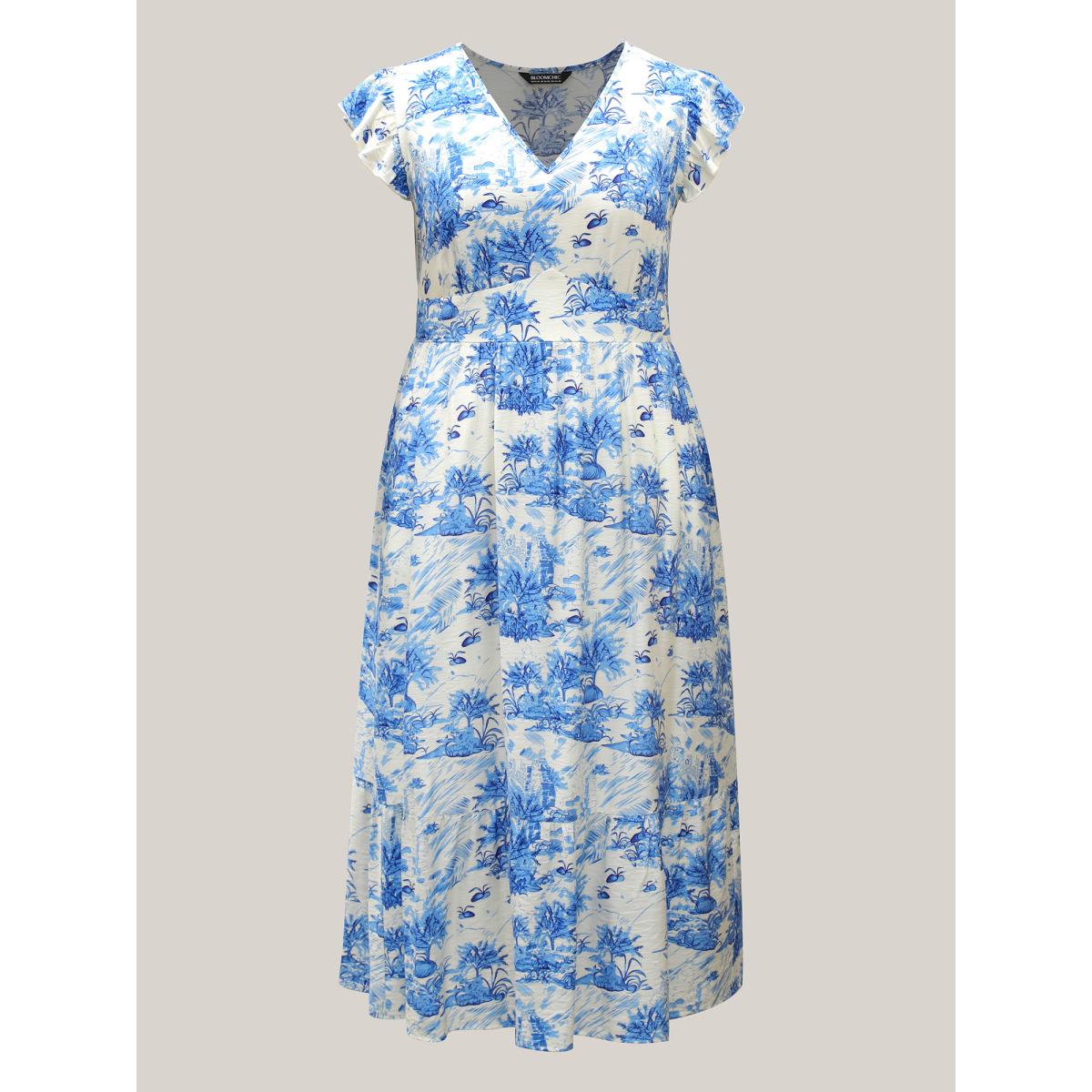 Plus Size Landscape Floral Print Cinched-Waist Maxi Dress Skyblue Women V-neck Cap Sleeve Curvy BloomChic 10/M Product Image