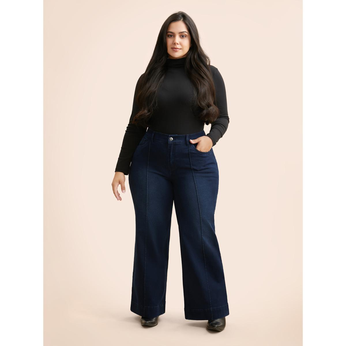 Plus Size Dark Wash Seam Detail Wide Leg Jeans Women Denimindigo Leisure Medium stretch Slanted pocket Jeans BloomChic 16/1X Product Image