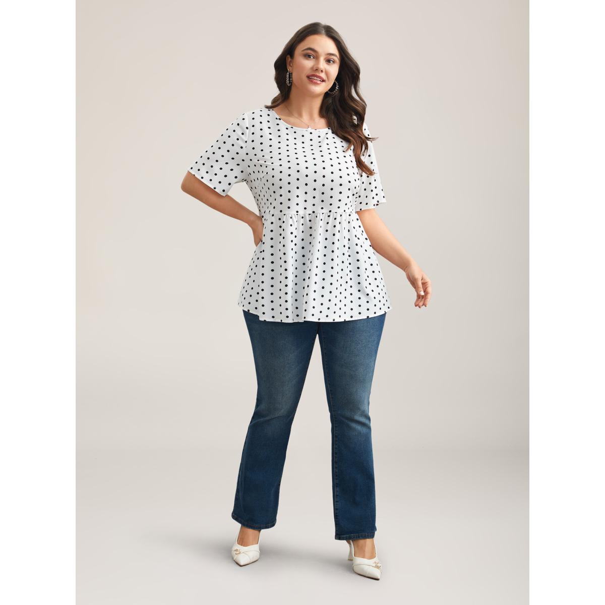 Plus Size Originalwhite Polka Dot Button-Back Flared Shirt Women Retro Short sleeve Round Neck Elegant Blouses BloomChic 30/6X Product Image