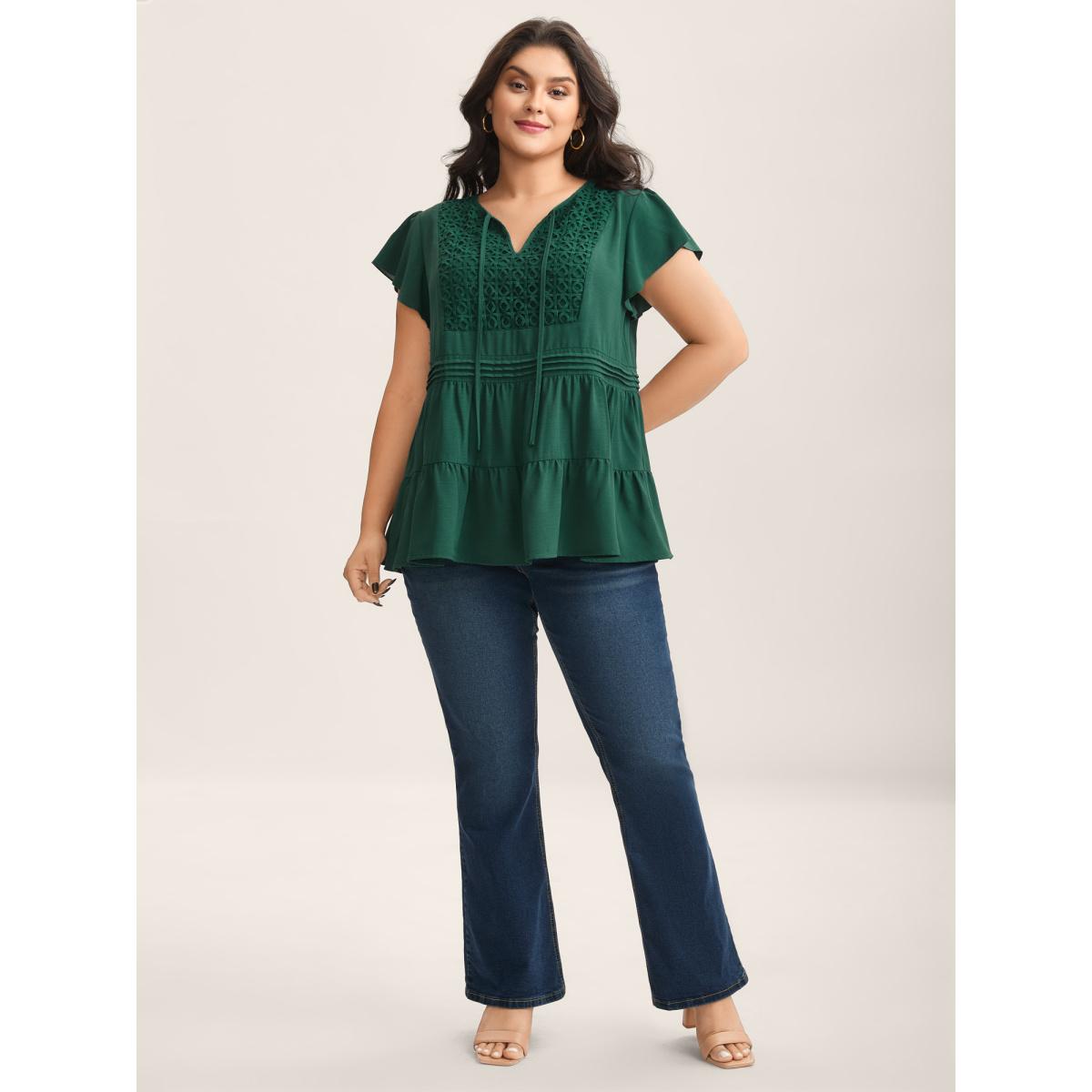 Plus Size DarkGreen Textured Lace Tiered Solid Blouse Women Timeless Cap Sleeve V-neck Elegant Blouses BloomChic 14-16/1X Product Image