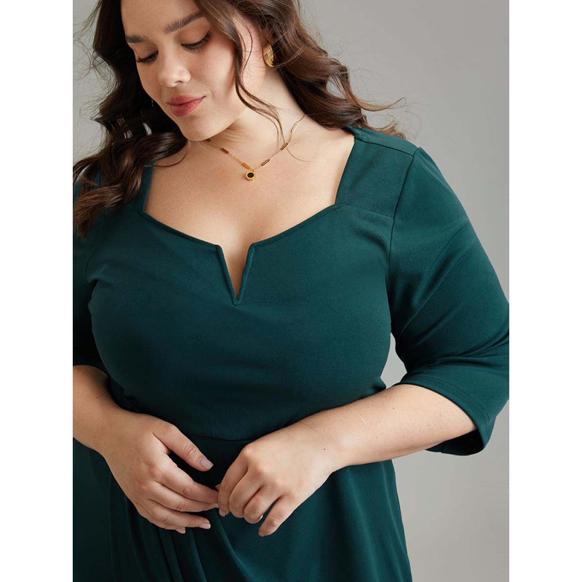 Plus Size Solid Notched Pleated Wrap Hem Dress Cyan Women Elegant Wrap Notched collar Elbow-length sleeve Curvy Midi Dress BloomChic 14-16/1X Product Image