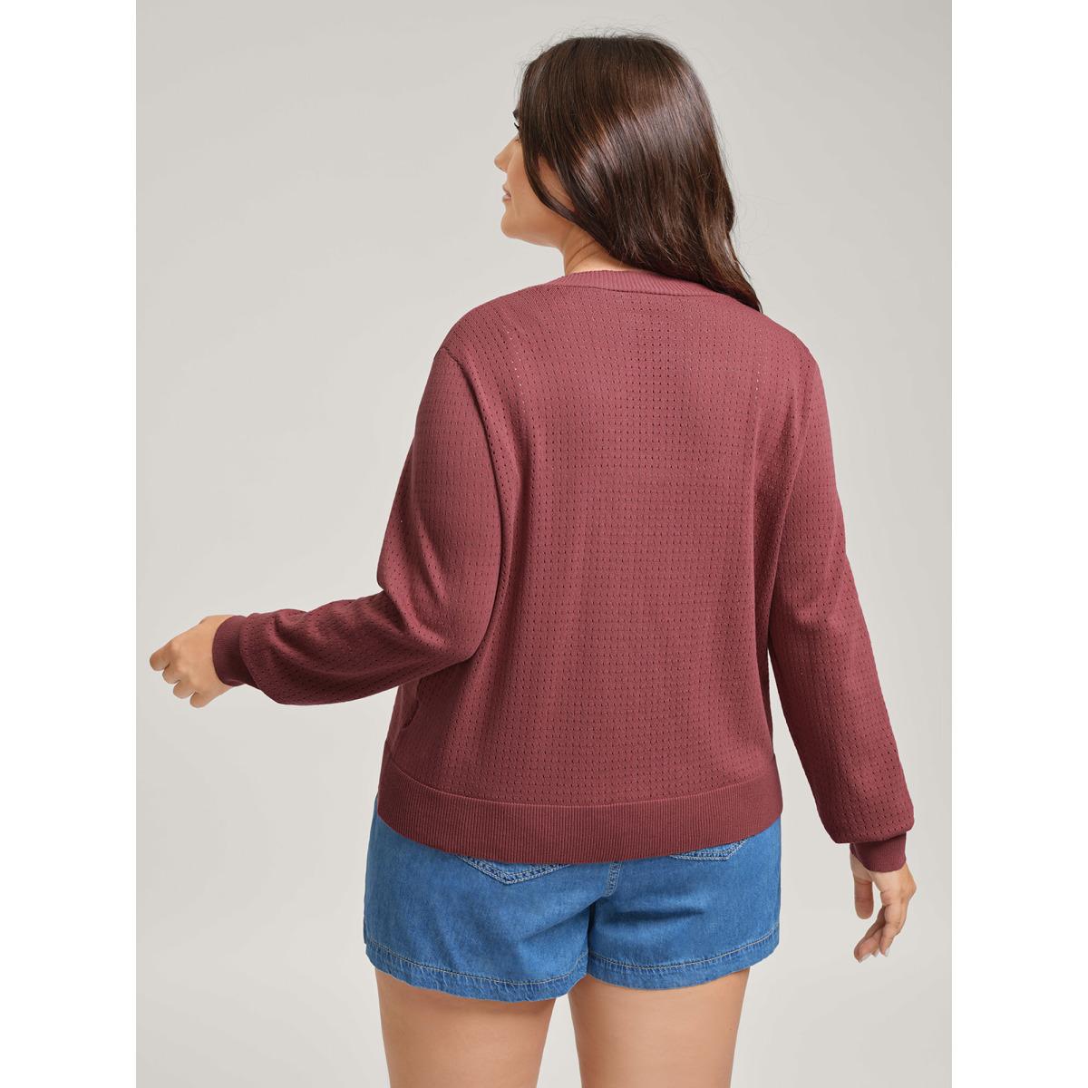 Plus Size Textured Hollow Front-Open Knit Cardigan Rust Women Leisure Loose Long Sleeve Casual Cardigans BloomChic 18-20/2X Product Image