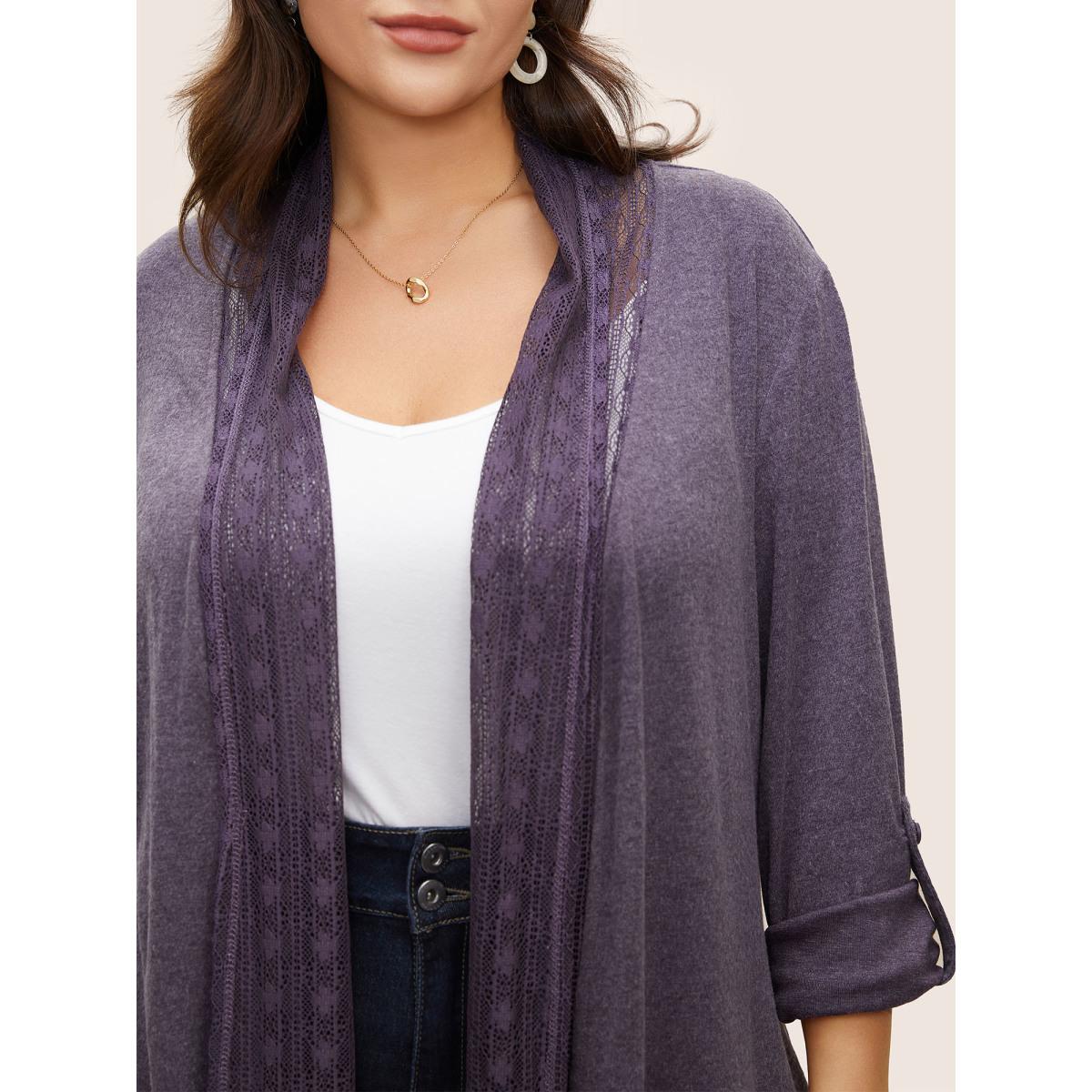 Plus Size Lace Panel Roll Tab Sleeve Open Front Kimono Women Mauve Elegant Woven ribbon&lace trim Everyday Kimonos BloomChic 10/M Product Image