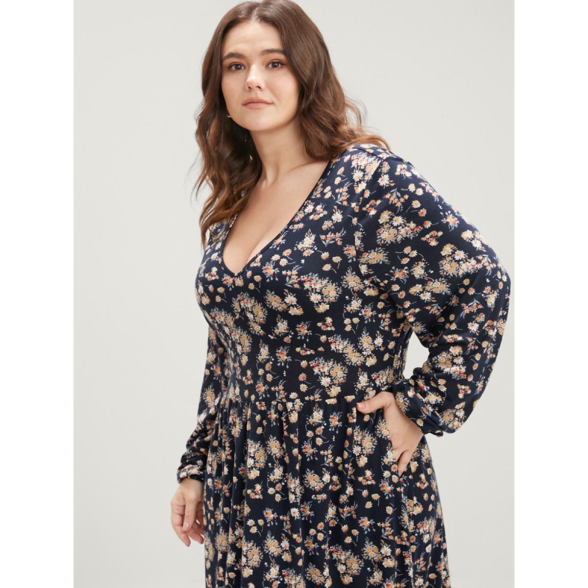 Plus Size Ditsy Floral Pocket Lantern Sleeve Shirred Flutter Dress Indigo Women Elegant Elastic Waist V-neck Long Sleeve Curvy Midi Dress BloomChic 22-24/3X Product Image