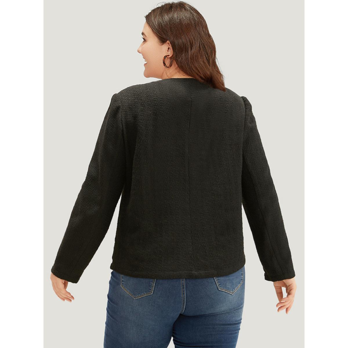 Plus Size Plain Tweed Texture Buckle Detail Blazer Women Black Texture Office Jackets BloomChic 10/M Product Image