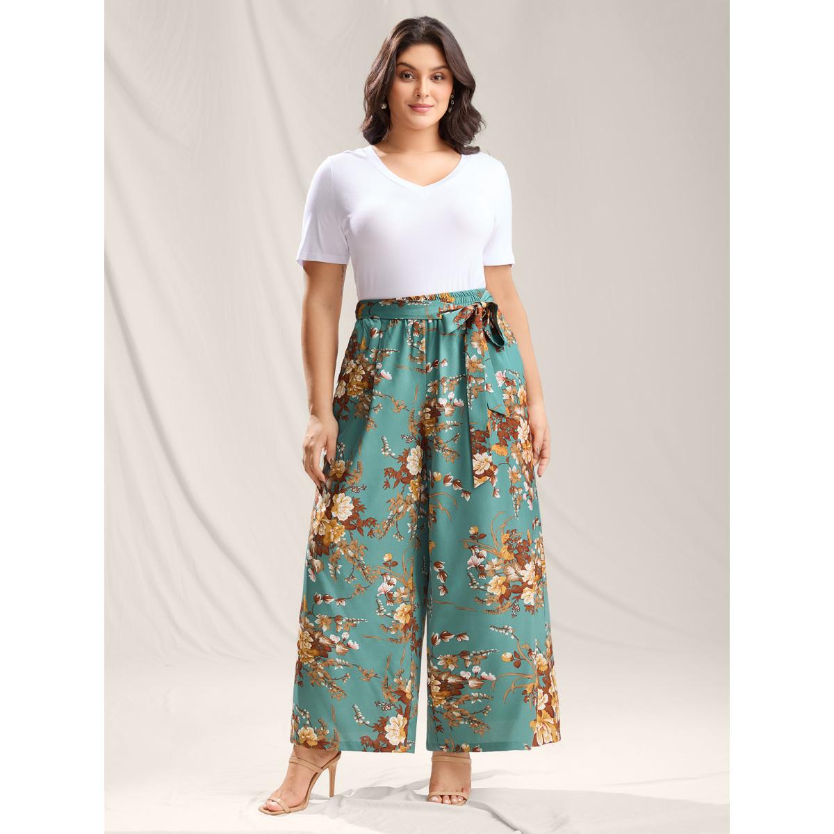 Plus Size Sweet Floral Print Belted Wide-Leg Pants Women Emerald Formal Wide Leg Mid Rise Party Pants BloomChic 14-16/1X Product Image