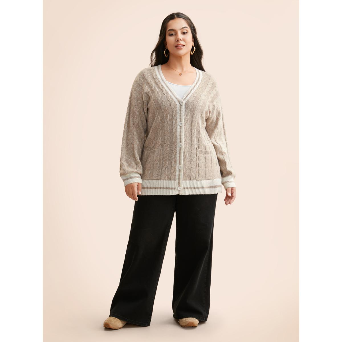 Plus Size Contrast Trim Cable Knit Pocket Cardigan Champagne Women Casual Loose Long Sleeve Everyday Cardigans BloomChic 10/M Product Image