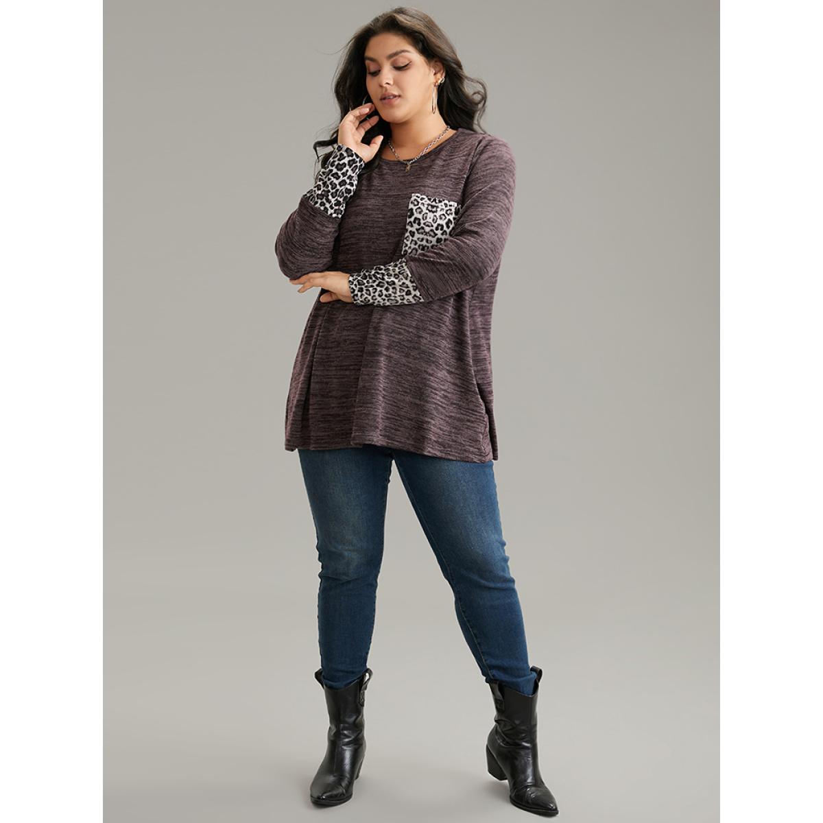 Plus Size Leopard Patchwork Heather Patched Pocket T-shirt Purple Women Casual Contrast Leopard Round Neck Dailywear T-shirts BloomChic 10/M Product Image