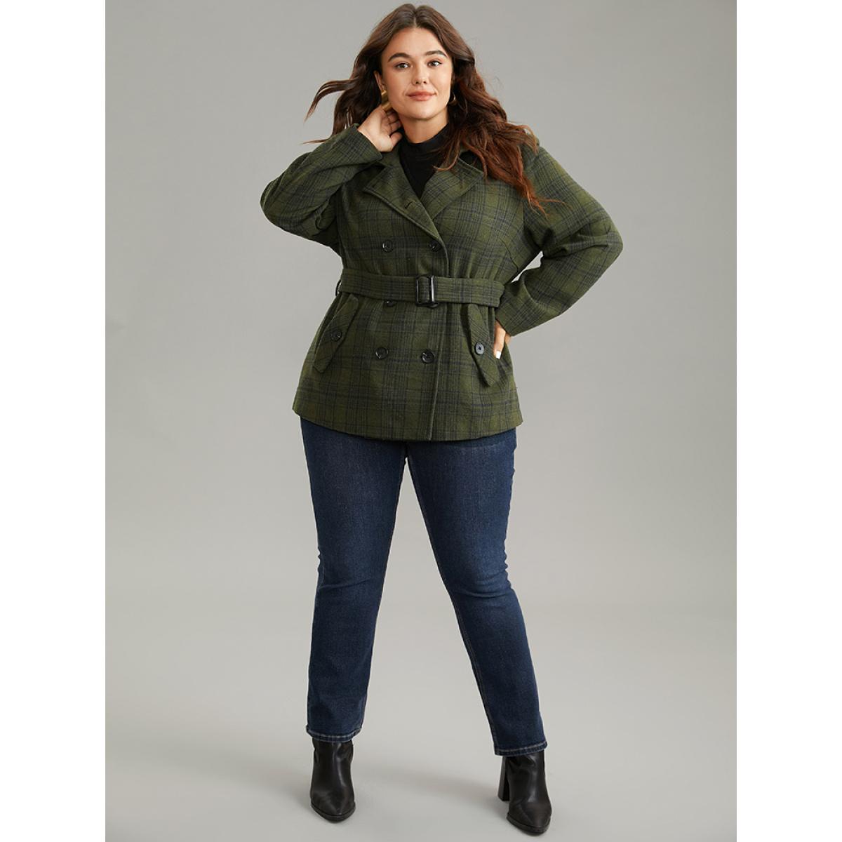 Plus Size Plaid Lapel Collar Double Breasted Belted Coat Women ArmyGreen Casual Lined Ladies Dailywear Winter Coats BloomChic 26/4X Product Image