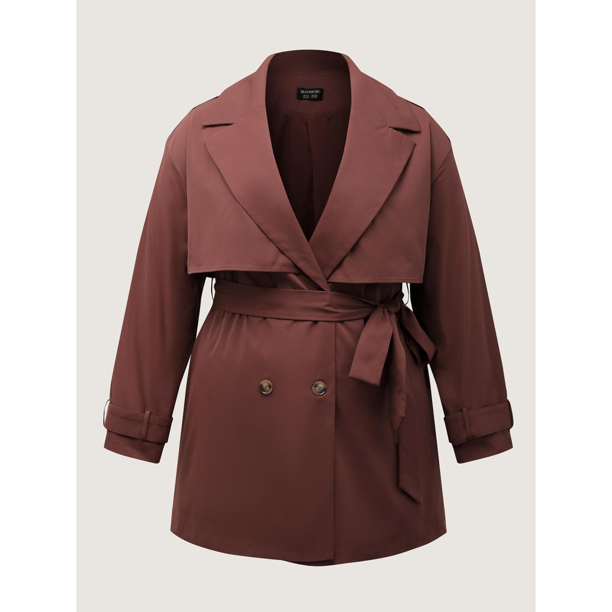 Plus Size Button Belted Layered Trench Coat Women Maroon Casual Belted 18-20/2X Single-flap pocket Belt Leisure Trench Coats BloomChic Product Image