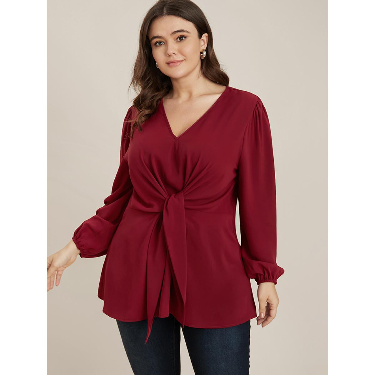 Plus Size Burgundy Solid V Neck Lantern Sleeve Knotted Front Blouse Women Elegant Long Sleeve V-neck Dailywear Blouses BloomChic 30/6X Product Image