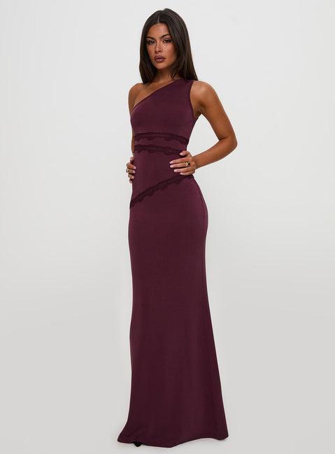 Ultraviolet One Shoulder Lace Maxi Dress Wine Product Image