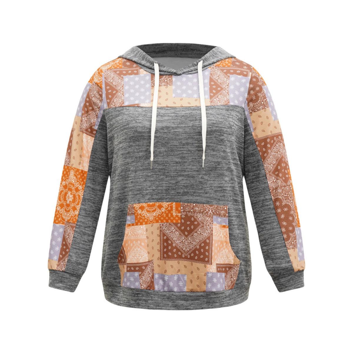 Plus Size Boho Print Contrast Heather Hooded Sweatshirt Women DimGray Casual Contrast Hooded Dailywear Sweatshirts BloomChic 22-24/3X Product Image