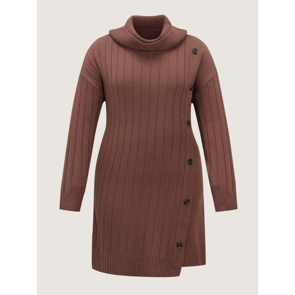Plus Size Textured Turtleneck Button Wrap Sweater Dress Yellowishbrown Women Leisure Bodycon Long Sleeve Casual Sweater Dresses BloomChic 12/L Product Image